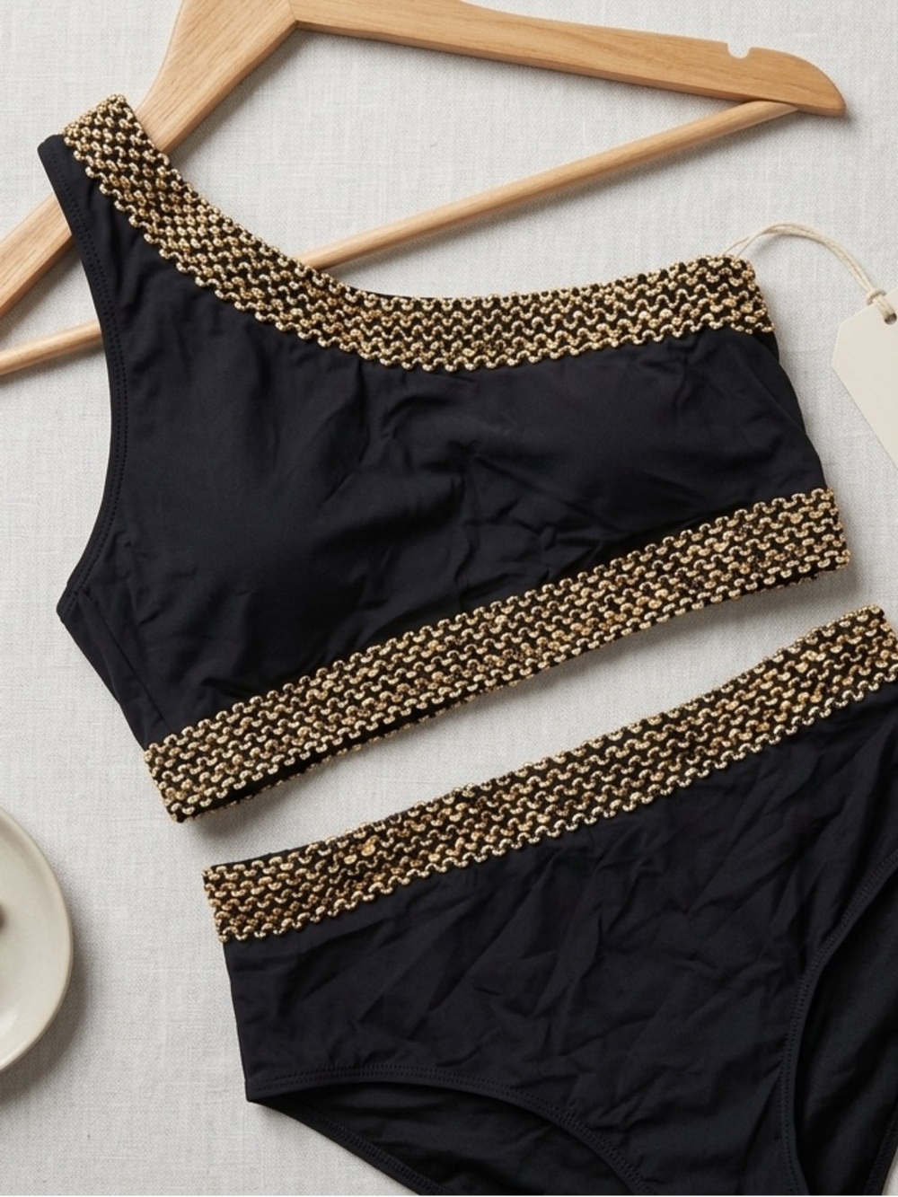 Black & Gold Chain-Trim One-Shoulder Bikini Set